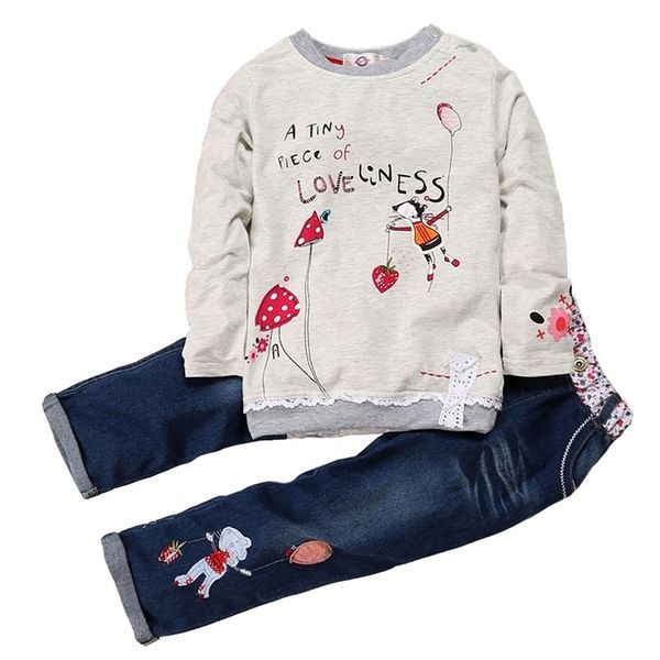 Mode Frühling Herbst Kinder Mädchen Kleidung Sets Baumwolle Oansatz Tops + Jeans 2 PCS Langarm Floral Denim Anzüge 2 bis 6 Jahre alt 211025