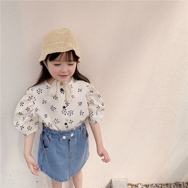 

toddler baby cotton printed short sleeves blouse summer new style girl lovely flower print clothes puff sleeve shirt, White;black