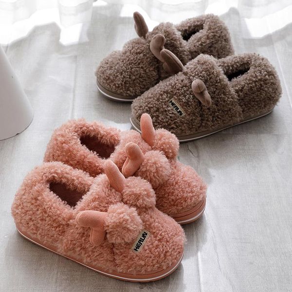 

couple winter warm 45 deer slippers men short plush indoor shoes for male christmas cozy velvet waterproof fur home, Black
