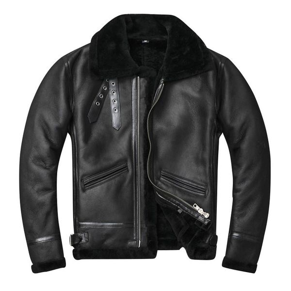

men's leather & faux 2021 black men american military b3 bomber shearling jacket plus size xxxxl genuine sheepskin winter natural coat