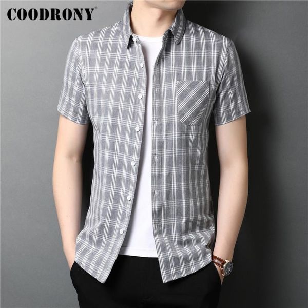 

men's casual shirts coodrony brand summer arrival streetwear fashion plaid real pocket soft cotton short sleeve shirt men clothing c609, White;black