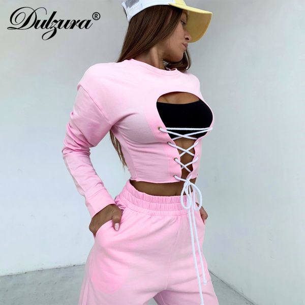 

dulzura hollw out lace up women two piece set long sleeve cross sweatshirt sweatpants jogger streetwear loungewear tracksuit, Black;white