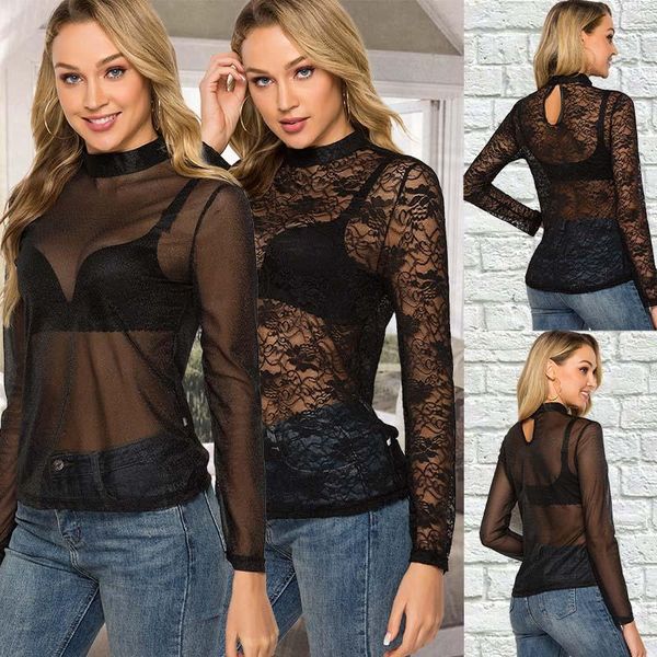 

women sheer mesh fish net long sleeve turtle neck t-shirt female transparent see through black women's, White