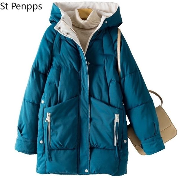 

women winter thick hooded cotton jacket long warm padded parka for plus size 2xl coat 211216, Black