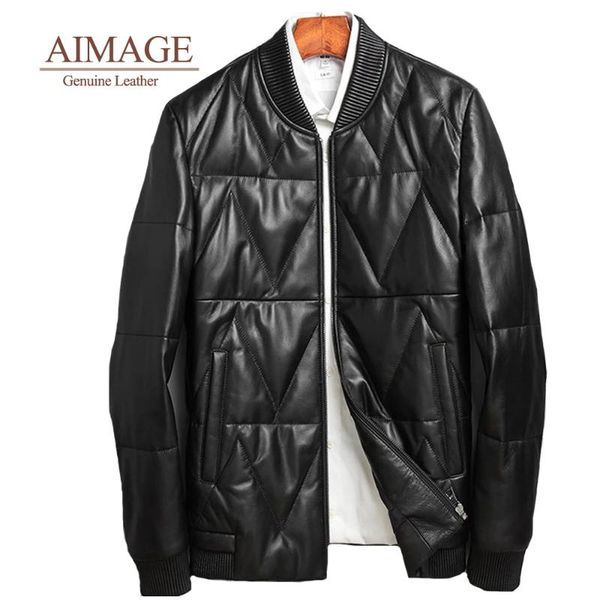 

men's leather & faux men duck down coat 100% real genuine sheepskin round neck baseball jacket slim-fit fashion casual winter, Black