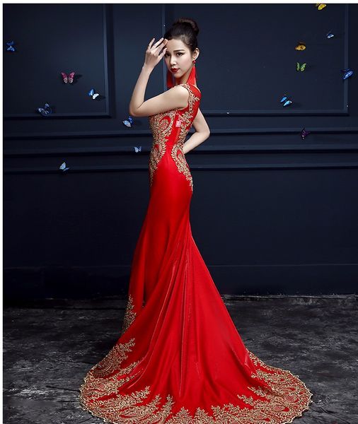 2021 Kırmızı Seksi Mermaid Dantel Gelinlik Modelleri Jewel Uzun Akşam Aplike Çin Örgün Parti Elbise Giymek Vestidos