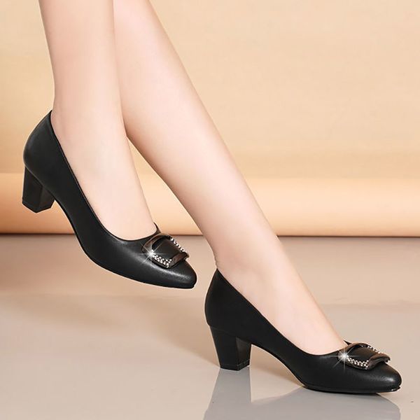 

plus size 41 ol office shoes women high heels dress shoes pointed toe boat shoes chunky pumps square button zapatos mujer 9418n, Black