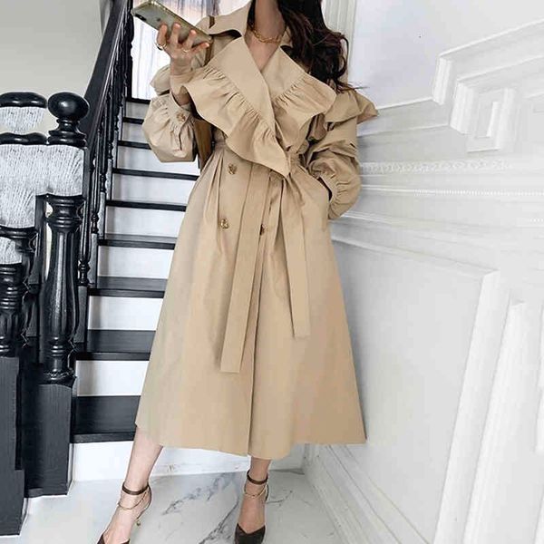 

women's trench coats [ewq] korea chic khaki coat winter laple fungus loose double breasted long sleeve windbreaker 16e3813 cupn, Tan;black