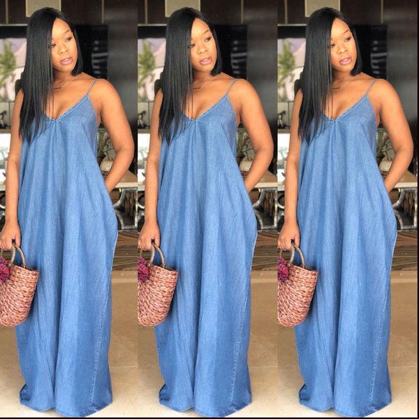 

talla grande summer boho womens dress v neck backelss loose long maxi denim plus size 3xl vestido mujer holgado de, Black;gray