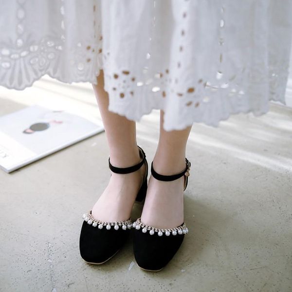 

dress shoes big size 11 12 13 14 15 16 17 high heels sandals women woman summer ladies squarehead cingulate beads thick with, Black