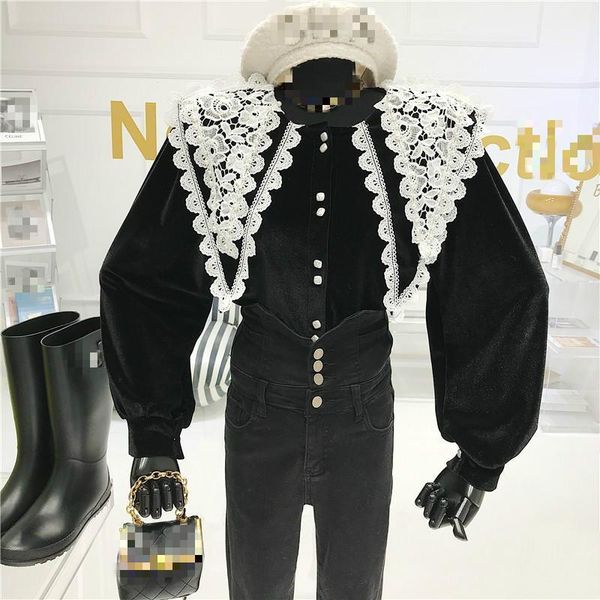 

women's blouses & shirts zcsmll beaded lace doll collar velvet blouse women 2021 autumn and winter vintage all-match shirt, White