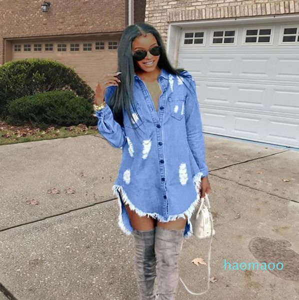 Luxo-Womens Hiphop Denim Blue Jean Camisa Vestido Primavera Outono Rasgado Jeans Tassel Designer Vestidos