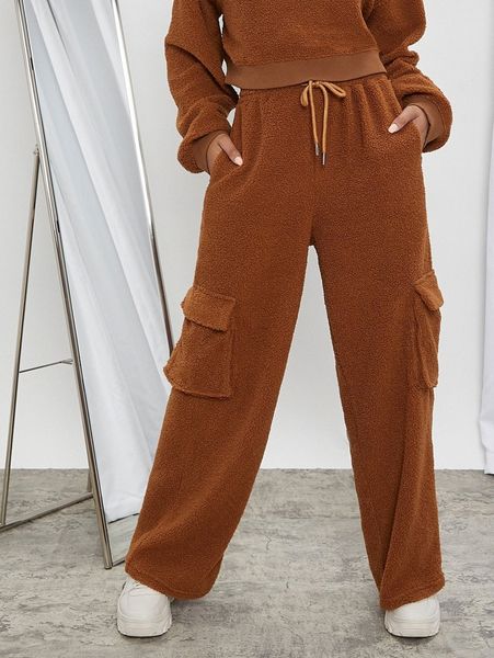 

flap pocket drawstring waist teddy pants z225#, Black;white