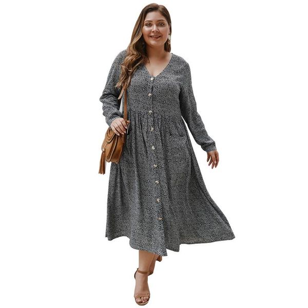 

casual dresses flower black printed deep v-neck party women pockets long sleeve maxi buttons a-line red plus size 3xl 4xl dress femme, Black;gray