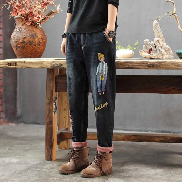 

women's jumpsuits & rompers vintage jeans for women winter fleece embroidered female casual pants distressed elastic high waist co, Black;white