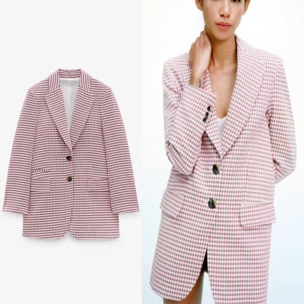 

za pink houndstooth blazer suit women long sleeve pronounced shoulders vintage plaid blazers woman button up outerwear 210602, White;black