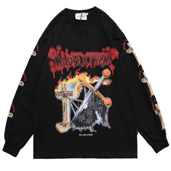 

polo shirt hip hop harajuku oversize t shirt streetwear cross fire flame skull printed t-shirt men spring long sleeve tshirt black al9r, White;black