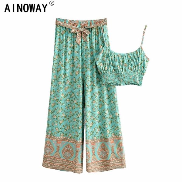 Vintage Chic Mulheres Floral Impressão Outfits Strap Sem Mangas Tops Bohemian Suites Calças de Calças 2 Partes Rayon Algodão Boho Sets 220315