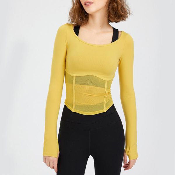 

yoga outfit women round neck long sleeve shirts mesh breathable fitness running tight sports t-shirt quick dry workout