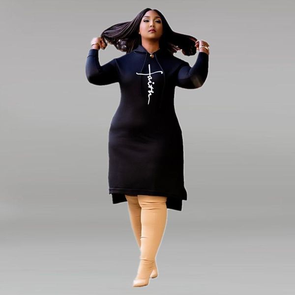 

plus size dresses xl-5xl wholesale drop winter 2021 women clothing solid color printing loose long sleeve hoodies female, Black