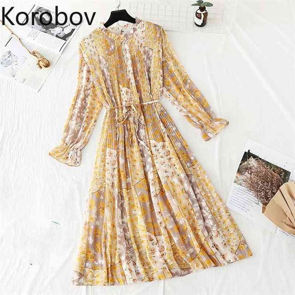 Korobov Coreano Chic Flower Print Chiffon Abito da donna Vintage O Neck Flare Sleeve A-Line Abiti Beach Style Boho Robe Femme 210430