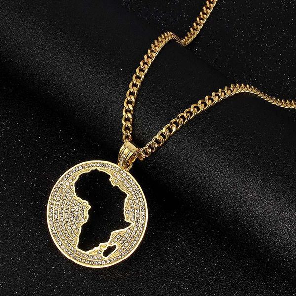 

pendant necklaces fashion round africa map women men hip hop jewelry 2021 trendy long chain gold metal rhinestone necklace gifts, Silver
