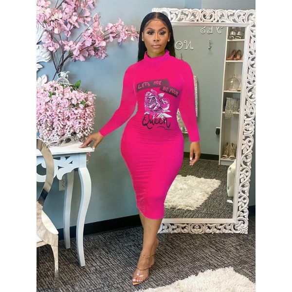 

casual dresses let me be your queen floral letter print women's dress party club night turtleneck long sleeve bodycon midi, Black;gray