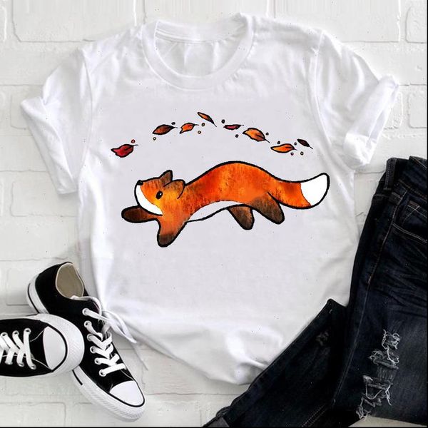

women t shirts short sleeve flower kawaii cute fox printing clothing animal clothes ladies graphic print tee tshirt female, White