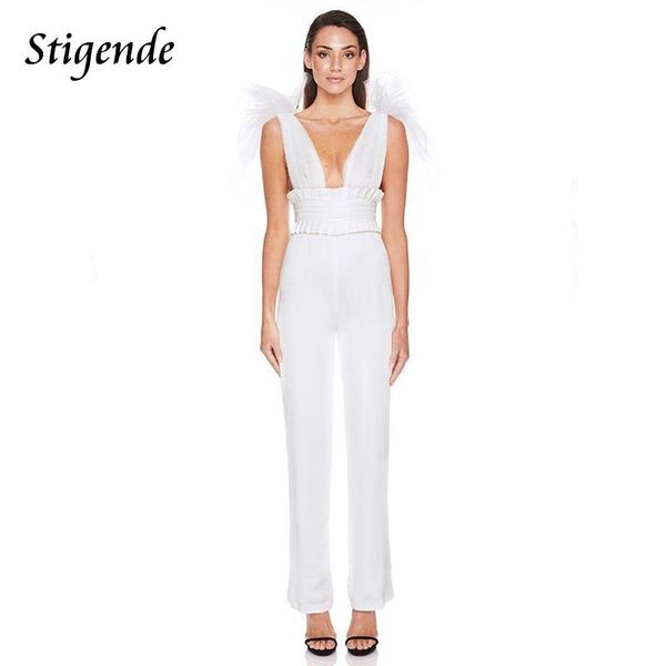 

women's jumpsuits & rompers stigende transparent mesh patchwork jumpsuit women solid color backless party deep v neck pu waist ruffle, Black;white