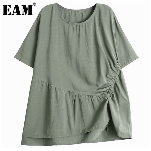 

[eam] women green pleated multicolor big size t-shirt round neck short sleeve fashion spring summer 1dd7956 210512, White