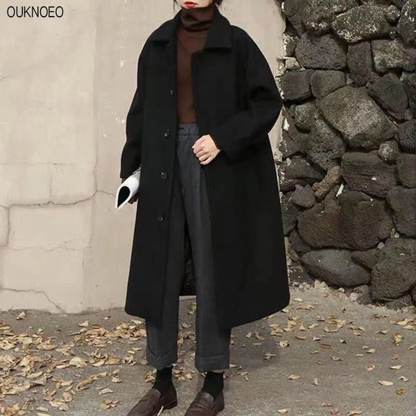 

women's wool & blends women long coat thickening casual fashion warm all-match single breasted slim overcoat turn-down collar classic c, Black