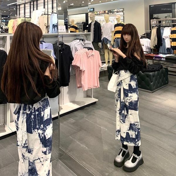 

skirts women spring wild slim high waist cross bandage tie-dye skirt retro clothing fashion streetwear faldas mujer, Black