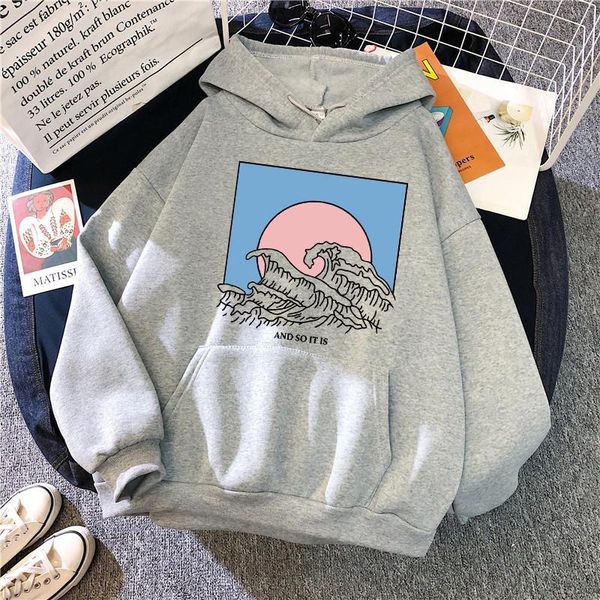 

women's hoodies & sweatshirts women japanese waves printed autumn sweatshirt female harajuku kawaii ladies pullover woman hooded thicke, Black