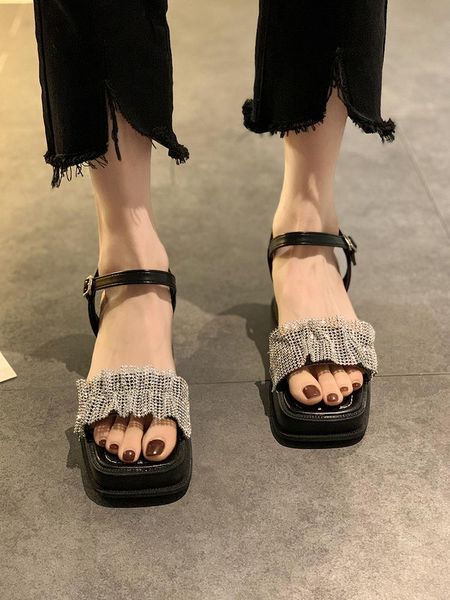 

thick heel fashion sandals women's summer 2021 all-match rhinestone buckle net red ins high heels trend dress shoes, Black