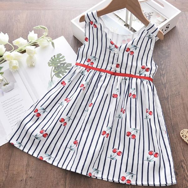 

girls casual dress summer girl kids striped cherry print costumes sleeveless children princess party clothing for 2-7y girl's dresses, Red;yellow