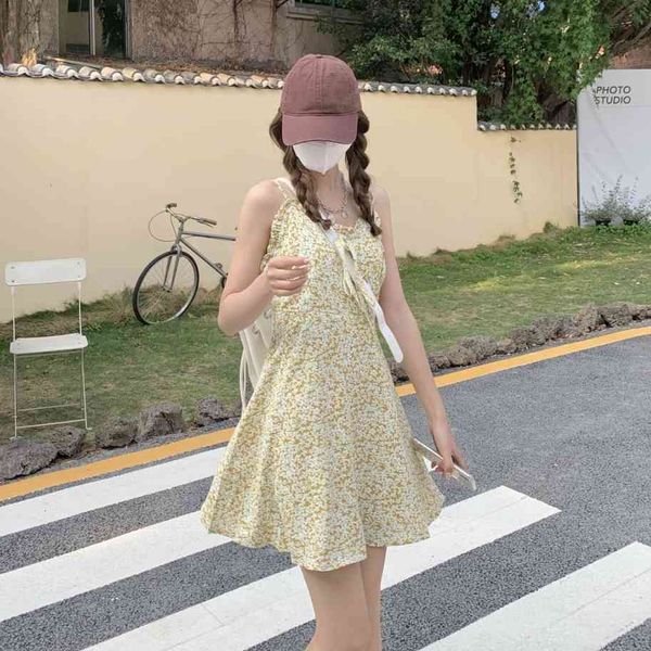 

simple vintage floral causal pullover chiffon summer spaghetti strap sleeveless floral a-line women dresses 210522, Black;gray