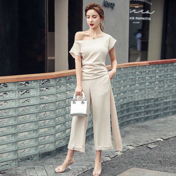 

women vintage clothing sets solid color bandage blouse wide leg pant female two piece suit outfit suits 210529, White
