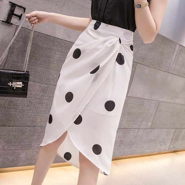 

summer black and white polka dot irregular skirt high waist thin chiffon long skirts womens korean elegant slit wrap