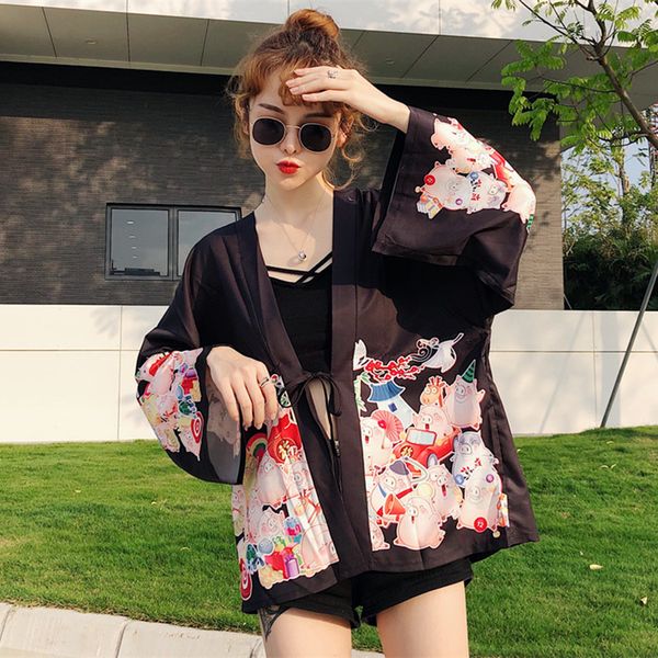

2 colors japanese style digit print loose kimono women blouse kimono cardigan summer blouse shirt femme (m2850), White