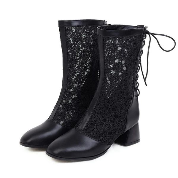 

boots boot women 2021 summer sandal leather lace gauze round toe up high heel lady fashion rome white shoes big size 34-47 20-4, Black