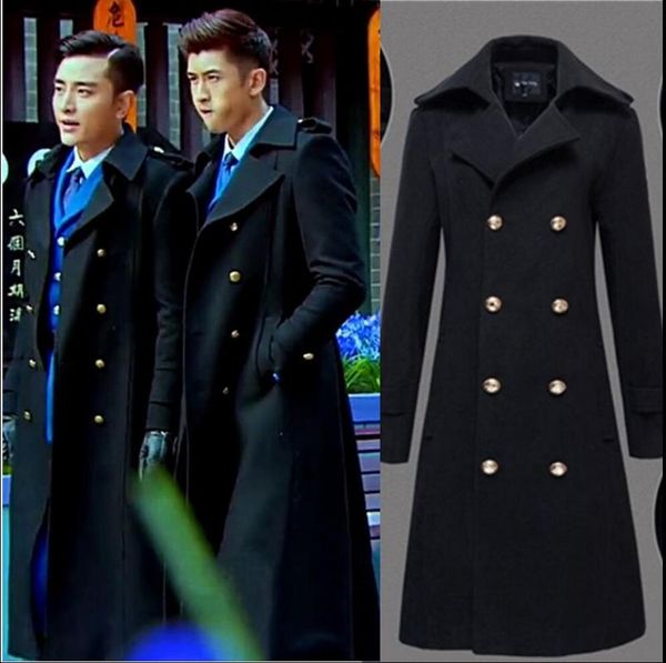 

men's trench coats 2021 autumn and winter double-breasted fashion long outerwear ultra lengthen overcoat slim singer costumes, Tan;black