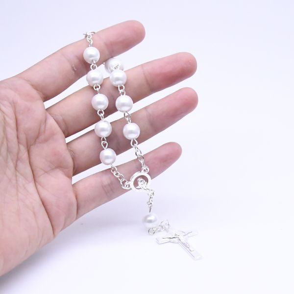 

white pearl rosary bracelet cross catholicism gift religious prayer beads rosaries, Black