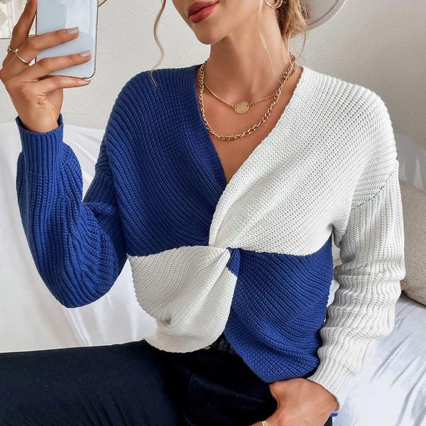 

women's sweaters autumn 2021 women knitted sweater chic pullovers long sleeve twisted front v neck splicing korean lady knitwear, White;black