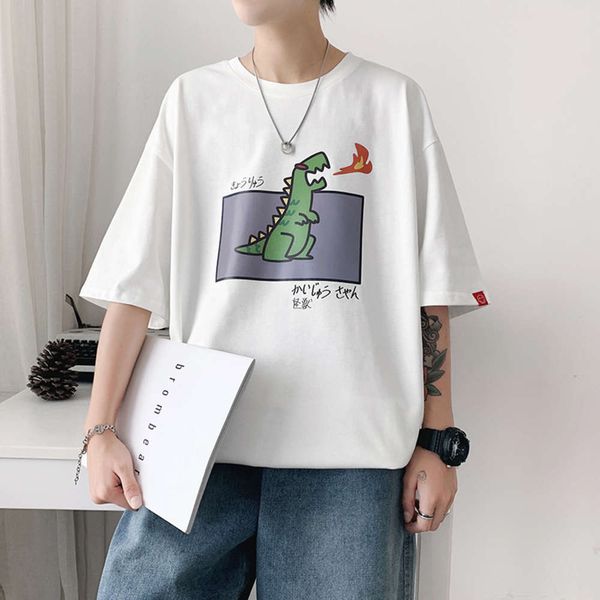 

summer port men's korean large short sleeve t-shirt mini dinosaur flame spray cartoon print half, White;black