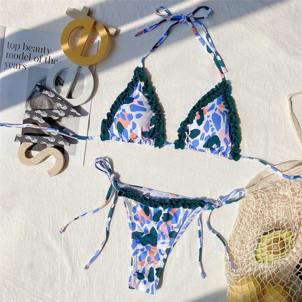 

halter ruffled frilled bikini female swimsuit women swimwear two-pieces bikini set printed bather bathing suit swim k2699