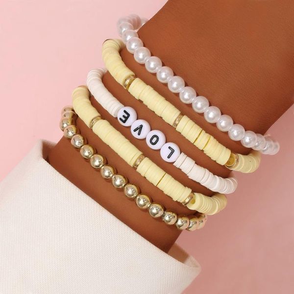 

charm bracelets 5 pcs bohemian multicolor love letter beads for women soft clay layering chain bracelet set bangle beach party jewelry, Golden;silver