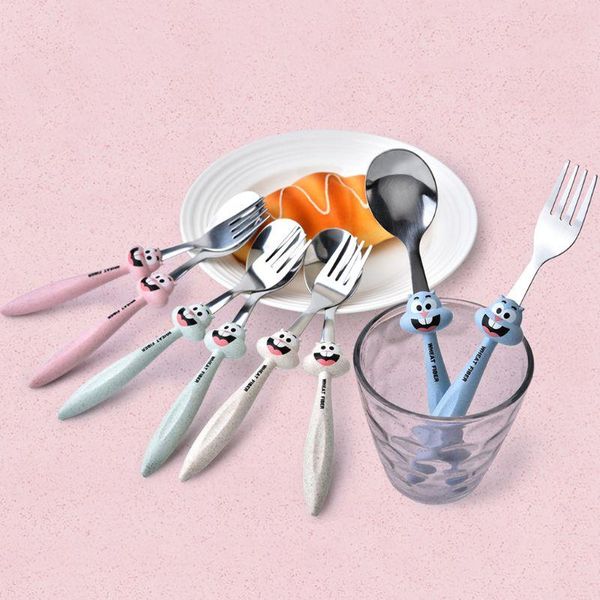 

cups, dishes & utensils 2 pcs/set baby feeding spoon fork cutlery set kids children cartoon stainless steel tableware dropship