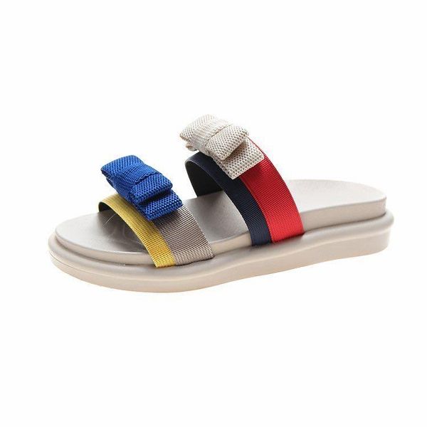 

explosion models sandals female 2021 korean version of the bowknot word wear slippers casual thick bottom color matching large s, Black