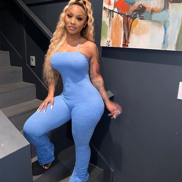 

ruched stacked pants one piece women jumpsuits clothing club outfits halter backless bodycon rompers, Black;white