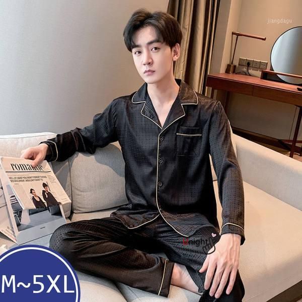 

men's sleepwear pijama satin luxury big 5xl super soft silk man spring sleep long trousers thin breathable comfortable pajama set, Black;brown